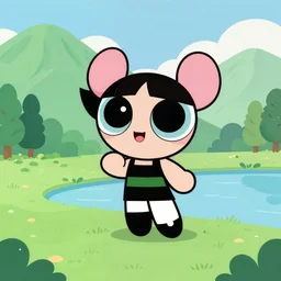 mountains, trees, and lake, in the style of powerpuff girls
