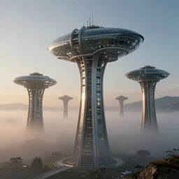 late afternoon, glass spaceship, tall structures, fog, unreal engine, artstation, Syd Mead
