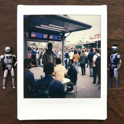 old polaroids of futuristic african bus stops with informal sellers and digital screens, big crowd, robotic police guards watch over the crowd