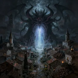 a demonic magical ethereal portal!! to hell. in a small medieval mediterranean town. dark fantasy matte painting by eddie mendoza