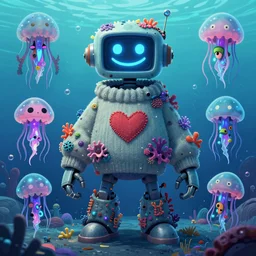 official character sheets for an underwater old jellyfish biomech robot, digital 2 d screen smiley robot face, oversized sweater with a heart stitched on the center, covered in coral and barnacles, art by tim schafer black velvetopia art for psychonauts from double fine studios, art by splatoon from nintendo, black light rave, adult character, apocalypse