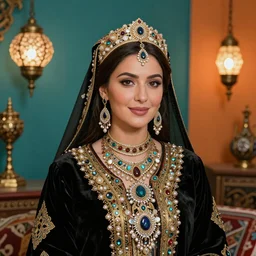 stunning awe-inspiring portrait of a lady in traditional Armenian attire, wearing highly detailed jewelries and ornaments, beautiful face, beautiful portrait lighting, teal and orange colored background with traditional lampstands and furnitures, artstation, smooth portrait
