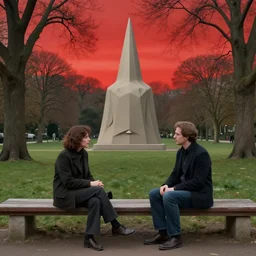 two people talking in a park, red sky, art by art rene magritte and gerald brom