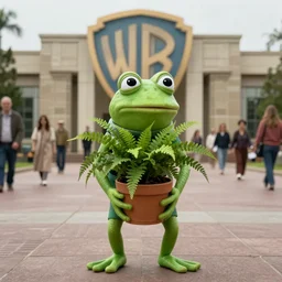 pepe frog, film still leon, long shot, holds a fern pot in arms scene, high quality, hd, 4 k, warner, hbo, cinema frame