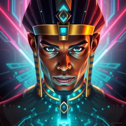 symmetry!! egyptian prince of technology, solid cube of light, hard edges, product render retro - futuristic poster scifi, lasers and neon circuits, brown skin man egyptian prince, intricate, elegant, highly detailed, digital painting, artstation, concept art, smooth, sharp focus, illustration, dreamlike, art by artgerm