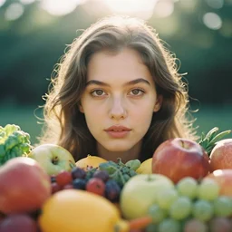 analog close up frontal face portrait photography of a beautiful woman surrounded by fruits and vegetables by maxim nikolaev. vogue. kodak portra 8 0 0 film. ( depth of field ). whirl bokeh!!. golden hour. detailed. hq. realistic. warm light. muted colors. filmic. dreamy. lens flare. mamiya 7 ii, f / 1. 2, symmetrical balance, in - frame
