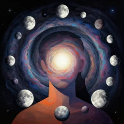 post - minimalism comic abstract cubism portrait of concentric krokinole - galaxy, top down view, the moon orbiting other moons, iridescent clouds, vibrant color scheme, highly detailed, in the style of romanticism, cinematic, artstation, moebius, greg rutkowski