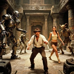 color cinematic still from a 1 9 8 1 action - adventure blockbuster directed by guillermo del toro. steampunk mechanical stone golems and demonic mummies are attacking and terrorizing indiana jones and lara croft inside ancient epic labyrinthine mayan temples with deadly traps and evil magic curses.