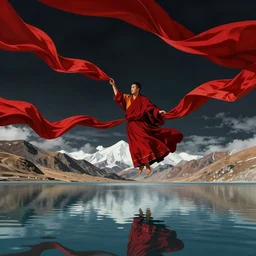a tibetan monk flying over himalaya mountains lake in weightlessness in liquid traditional red cloth. a lot of flying red fabric around, sky and cloth fabric reflected in lake water. dark background. illustration by craig mullins, yoji shinkawa, trending on artstation, peter mohrbacher, hyper detailed, intricate, elite, ornate,