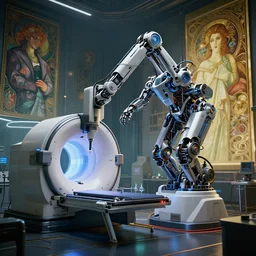( cyberpunk 2 0 7 7, bladerunner 2 0 4 9 ), a complex thick bifurcated robotic cnc surgical arm cybernetic symbiosis hybrid mri 3 d printer machine making a bio chemical lab, art by artgerm and greg rutkowski and alphonse mucha, biomechanical, lens orbs, global illumination, octane render, architectural, f 3 2,