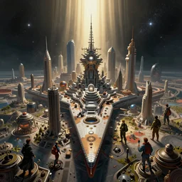 a ultra detailed digital paintingstarship space city by alex grey, james gurney, john harris, stephan martiniere, tim hildebrandt thomas kinkade, ernst haeckel, dan mumford, wlop, symmetrical composition, unreal engine, 8 k, trending on artstation, sunrays