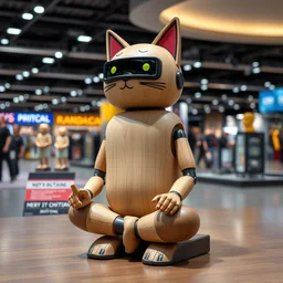 8 k octan, advertising, highly detailed, photo, a totally wooden figurine collectible art toys wooden on feet, very cute fat cyborg meditation zen with cat ears, cyberpunk, graffiti colored ratio, design, showroom, dealership, indoor display, convention, exhibition, a contemporary art gallery, masterpiece