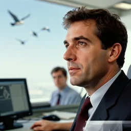 closeup portrait of an air traffic controller directing a flock of birds, by Steve McCurry and David Lazar, natural light, detailed face, CANON Eos C300, ƒ1.8, 35mm, 8K, medium-format print