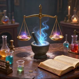 hyper real, table, wizards laboratory, greg rutkowski, mortar, pestle, scales with magic powder, energy flowing, magic book, beakers of colored liquid, tony sart