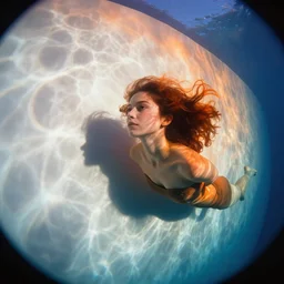 mesmerizing hyperrealistic underwater photo of very beautiful white wall with beautiful contrast of light and shadow, orange to blue gradient, caustics immense detail, surreal, sigma art 1 2 mm fisheye