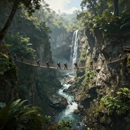 wide angle view of soldiers crossing a suspended rope bridge over an deep canyon, mountainous jungle setting, trees, waterfall, river, rocks, dramatic lighting, highly detailed, artstation, unreal engine, matte painting in the style of craig mullins, Uncharted 4, fish eye lens