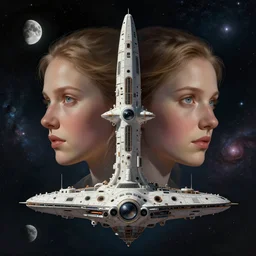 symmetry!! ultra realistic portrait of space colony and space ship discovery one!! moon and galaxy in background!, space ship, intricate, elegant, highly detailed, digital painting, artstation, concept art, smooth, sharp focus, illustration, art by cgsociety, 8 k