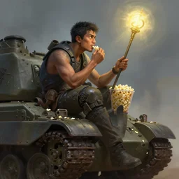side profile of a filipino man sitting on a tank holding a scepter eating popcorn, fantasy, digital painting, volumetric light, intricate, sharp, focus, bloom, illustration, highly detailed, concept art, matte, ruan jia, randy vargas, greg rutkowski