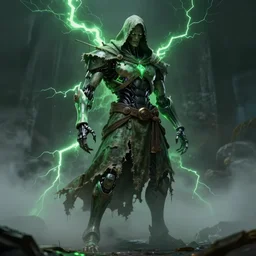 character design, biomechanical arcanist, tattered robe and hood, green lightning, fog, scary, arrogant, hostile, photorealistic, cinematic, hyper realistic, octane render, 8 k, full shot