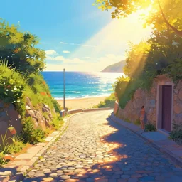 a lonely cobblestone street on a hill near the beach and the sea, brightly illuminated by rays of sun, artstation, colorful sylvain sarrailh illustration