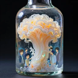 high intricate glimmering glass bottle containing melting tremella - fuciformis formed clouds, maria panfilova, andrea savchenko, mike kime, ludovic plouffe, qi sheng luo, oliver cook, makoto shinkai, trending on artstation