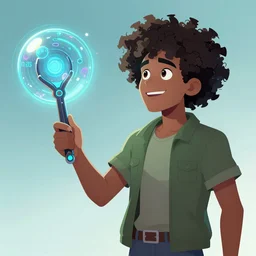 cartoon of a man holding a futuristic wand, digital art by kilian eng, cgsociety, afrofuturism, tesseract, sci - fi, future tech