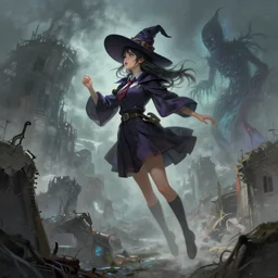 single female witch school uniform floats in the air, exploring abandoned city, floating possessed horror evil spirit, fantasy apocalypse, illustration, masterpiece, digital painting, concept art, trending on artstation, art by ruan jia and wlop and greg rutkowski
