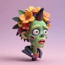 portrait headshot of a zombie punk, head made of fruit and flowers in the style of arcimboldo, photorealistic, dynamic lighting, action figure, clay sculpture, claymation, soft pink and purple background