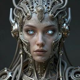 beautifully stunning stonepunk woman_integrating_with_technology_full_face_insipiring_detailed_intricate_ornate_cables_connected_to_head_big_open_electric_eyes_ the_singulairty is now  by android jones