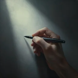 a painting of jeremy mann, a close up view of a hand holding a pen writing, dramatic vignette, dramatic spot light, dreamy, misty, desaturated, ominous, unsettling, creepy