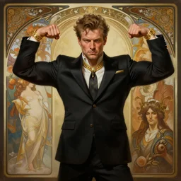 kevin rudd, flexing large muscles, black suit, gold accessories, elegant, highly detailed, digital painting, matte, sharp focus, art by artgerm, greg rutkowski, alphonse mucha, frank frzetta, boris vallejo, bouguereau, beksinski, cinematic