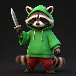 a raccoon in a green, hooded rouge outfit holding dagger, wearing an ambulate, trending on art station