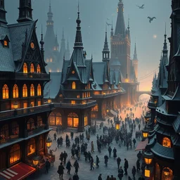 concordia a pleasant town built by powerful magic, a city of black obsidian crystal thin towers, different levels, elegant organic architecture, obsidian glass, snow, magical lights, marchand and crowd in the street, warm tones, aerial view of a plaza, low fantasy, by marc and raphael lacoste, cinematic and dramatic lighting