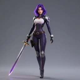 gender : female, race : human, clothes : combat suit, weapon : sword, special power : levitate, eye color : violet, hair color & style : shoulder - length, deep violet, body type : slender, skin tone : light, job : knight, made by stanley artgerm lau, wlop, rossdraws, artstation, cgsociety, concept art, cgsociety, octane render, trending on artstation, artstationhd, artstationhq, unreal engine, 4 k, 8 k,