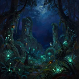 beautiful serene night in pandora jungle ruins, bioluminescence plants, painting by gaston bussiere, craig mullins, j. c. leyendecker, tom of finland