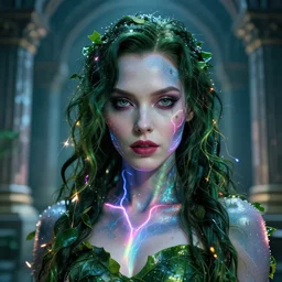 a cyberpunk close up portrait of enchanting cyborg poison ivy, electricity, rainbow, sparks, bokeh, soft focus, sparkling, glisten, water drops, cold, dark, geometric, temples behind her, by paul lehr, jesper ejsing