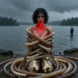 shore of the lake, woman, wrapped around by tubes, heavy rain, bones, short black curly hair, glowing red, by edgar maxence and ross tran, zdzisław beksinski, un and michael whelan, distant, gustav dore, h. r. giger, 8 k, octane render