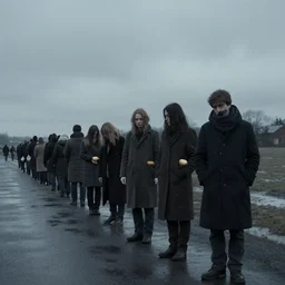 waiting in line for bread by simon stalenhag and gil elvgren, dreary, cold, cloudy, grey