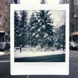 atmospheric polaroid photograph of snowy forest growing on a city street