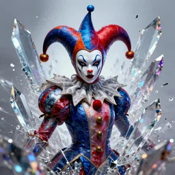 impressive ominous cinematic fine portrait photo of a court jester!! rigid shattered crystal shard volumetric dynamic fluid simulation lighting impressive masterpiece hyper ultra detailed intricate sharp focus 8 k realistic illustration canon eos r 3 fujifilm x - t 3 0 sony alpha, by james gurney tooth wu artgerm colorful!!!, trending on artstation behance cgsociety stunning closeup macro