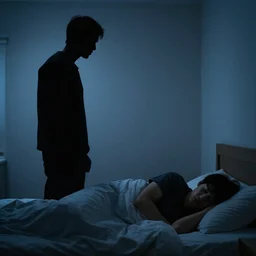 a picture of a tall black silhouette of a person menacingly staring at a person while they sleep in their bed at night