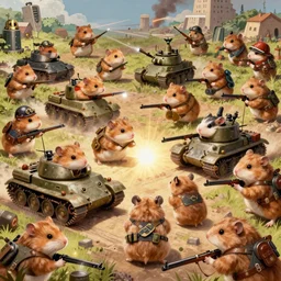 highly detailed world war 3 illustration featuring hamsters at war, stephen bliss, unreal engine, fantasy art by greg rutkowski, loish, rhads, ferdinand knab, makoto shinkai and lois van baarle, ilya kuvshinov, rossdraws, tom bagshaw, global illumination, radiant light, detailed and intricate environment, hamsters driving tanks, hamsters holding rifles, hamsters dressed in battle gear