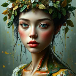 a portrait of beautiful girl by irakli nadar with intricate detailed color smashing fluid oil paint and acrylic, moss and leaves headdress, melting wax, mycelia, abstract impressionism, ruan jia, fantasy, hyper detailed, concept art, by gustav klimt, octane render, zbrush