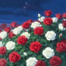 sea of flowers, lot of big roses of red and white colors, beautiful starry sky, by makoto shinkai, 8 k - - ar 1 6 : 8