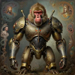 highly detailed painting of a humanoid baboon mecha, painting by gaston bussiere, craig mullins, j. c. leyendecker, lights, art by ernst haeckel, john william godward, hammershøi, alex grey, dmt, symmetric, masterpiece details, hyper - detailed, hd, hdr, 4 k, 8 k