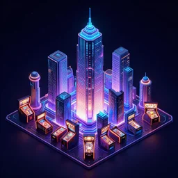 isometric futuristic fractal pinball arcade city skyscrapers wallpaper, dark, flashy, digital art 8k