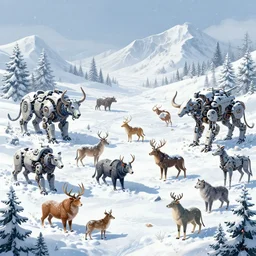 Highly Detailed digital illustration about the beauty of nature in a snowpunk world where all animals have been replaced by mechanical beasts. Trending on Artstation