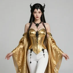 Portrait of a Holy Necromancer, female, beautiful, golden robes, white pants, exquisite black accessories, golden corset, highly detailed, smooth, sharp focus, digital painting, illustration, fantasy, by Krenz Cushart and Artem Demura and alphonse mucha, artstation, cgsociety
