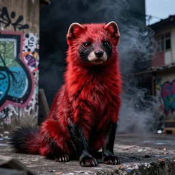 photo ( far _ shot ), subject [ furry _ fandom _ fursona _ original _ character ( red - black, anthropomorphic _ humanoid _ furry, weasel - ferret - stoat ) ], background ( dark _ smoke ), medium [ graffiti ( spray _ paint, concrete _ wall ) ], location ( favela )
