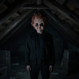 dark attic with the man with a doll head, dark ,night, artstation